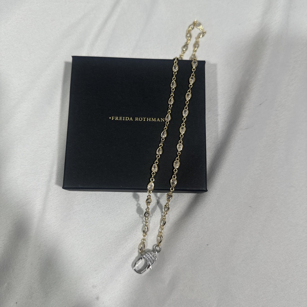 NEW Freida Rothman Gold Pear Mini Bezel Brass Necklace Chain w/ Pave Clasp #MR